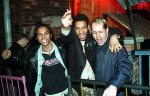 Three friends in high spirits before a night out at The Canal Club on 08.01.1999.