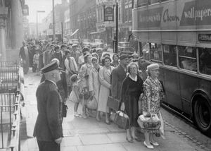 July 1, 1960, Queen Street, Wolverhampton. The biggest queues form in the business centre of town round about 5.30pm. The congestion is often then at its worst