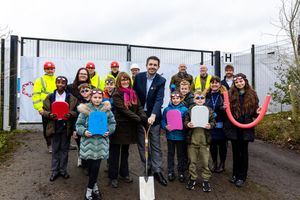 Councillor Angela McClements and Telford MP Shaun Davies, centre, with children from Captain Webb Primary School and representatives from Read Construction and Telford & Wrekin Council at the pool site.