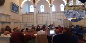 Members of Ludlow Town Council (main image) say they only saw legal letters about the liability of a wall collapse (inset) until it was included in a meeting agenda. Pictures: LDRS/Andy Boddington