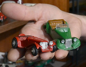 These two Dinky cars, a Jaguar SS10 and an Alvis, were the first in what grew to be Gillian Rogers' massive collection  