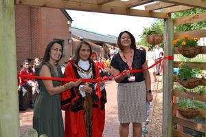 The Mayor of Harrow, Head teacher, Miss Inniss and Assistant Headteacher, Mrs Portou: ribbon cutting ceremony 