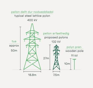 A visual from Green Gen Cymru showing the pylons proposed for the route.