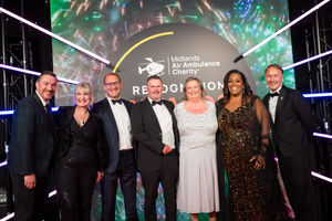 The inspiration award winners. (L-R) Ed James, Hanna Sebright, chief executive, Keith Marriott, chair (both for Midlands Air Ambulance Charity), Nigel and Christine Davis, Alison Hammond, and Richard Lane from headline sponsor, EBC Group. Photo: Jermane Clarke