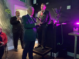Cllr Patrick Harley speaking at the Conservative local election launch event with Bill Etheridge (left) and Mark Littlewood (right) looking on. Picture Martyn Smith/LDRS free for LDRS use
