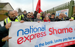 Dozens of workers are out in force on the picket line at the National Express Wolverhampton garage on Park Lane
