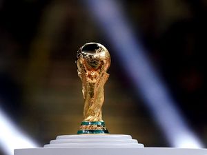 Photo of the men's World Cup trophy at the 2022 final in Qatar