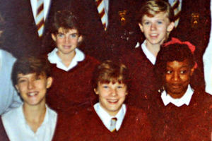 The singer, bottom right, with fellow Year 9 pupils