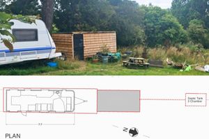 The caravan and "horse blanket washing room" from planning officer's report and plan of the layout from application