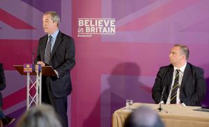 Nigel Farage at Himley Hall for a UKIP meeting, he is watched by Bill Etheridge who is standing as a UKIP MP