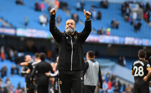 Nuno Espirito Santo the head coach / manager of Wolverhampton Wanderers celebrates at full time. (AMA/Sam Bagnall)
