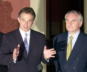 British Prime Minister Tony Blair and his Irish counterpart Bertie Ahern during a press conference on the conclusion of talks aimed at saving the Good Friday Agreement at Weston Park on July 14, 2001