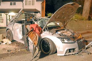 Mr Chalotra's crumpled Audi TT after he lost control and crashed in Finchfield Road West