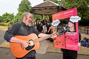 Westley Bone and with him : Mia Campbell-Spence, back: Jenny Bone, Murphy Woodcock, Hattie Coleman, Cassie Norman, Lily Proctor. The youngsters are on a Technical Crew Futures course in connection with Vibrant Shropshire, learning the skills to put on shows.