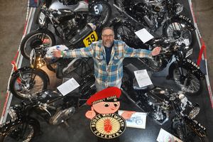 Ian Petteford on the Rudge motorcycle display
