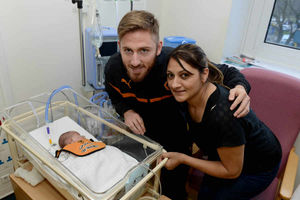 From left is 38 week old Prhys Judge, Narinder Judge, and James Henry on the Neonatal Unit