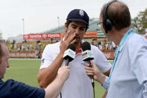 England's Alastair Cook speaks to media