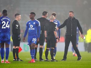 Ruud van Nistelrooy shakes hands with Andy Madley after Leicester's defeat to Crystal Palace