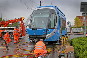Engineers could be seen working on the stricken tram hours after the incident
