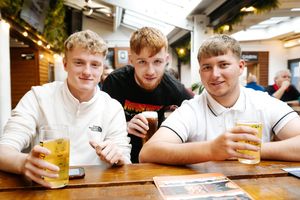 Shrewsbury vs Wrexham - Shrewsbury fans at The Salopian. In Picture L>R: Kieran Worthing, Sean Davies and Ben Evans