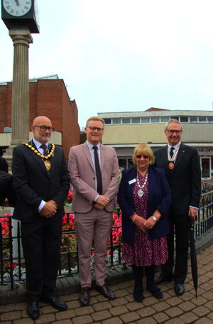  Cllr Steve Thornley, Chair Cannock Chase District Council; Josh Newbury MP for Cannock Chase; Carole Holdcroft, Lead Team President, SI Cannock & District; Charles Hawley, Deputy-Lieutenant, Staffordshire at the plaque unveiling