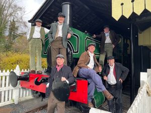 Volunteers at Blists Hill Victorian Town recreating an 1890s photograph with the Kinlet engine they renovated