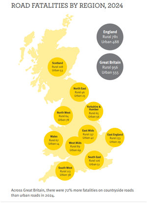 Map of Britain showing rural road fatalities in 2024
