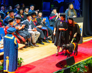 Caitlin was accompanied by her faithful guide dog, Honey, as she collected her degree. Honey was handcrafter a special doggy robe for the occasion