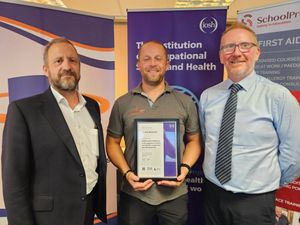 Neil Shotton (left), CEO of Business Safety Systems, with Jamie Bartlam, IOSH Level 6 graduate, and Mike Smith, Head of IOSH Awarding Organisation