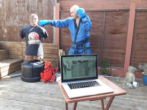 Seamus McGinley, 5th Dan, Chief Instructor at Junior Dragons Bridgnorth and Excalibur Martial Arts getting ready to teach online Zoom classes
