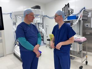 Reporter David Tooley, left, with surgeon Mr Adam Farquharson. Picture: SaTH