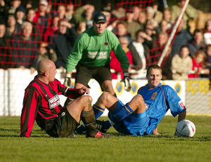 Dave Edwards battles in the Histon penalty area in 2004