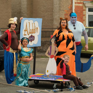 Milly Simmonds as Aladdin, Cici Morris as Jasmine, Roco Bufton as the monkey, Cara Martin as the tiger and Colin Bufton as the genie, from Aladdin. Image by Andy Compton