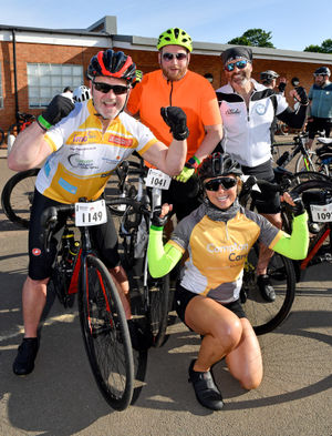 Chris Wright, Richard Dews, Simon Logan and Louise Lewis get set for Round the Wrekin Sportive at Dudley and Kingswinford Rugby Club.