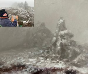 Jack Russell MBE and his painting "Mist and Snow, Stiperstones".