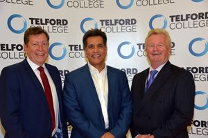 Mo Chaudry with Telford College principal Graham Guest, left, and chair of governors Paul Hinkins