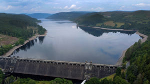 Lake Vyrnwy, Powys, showing a significant drop in the water level