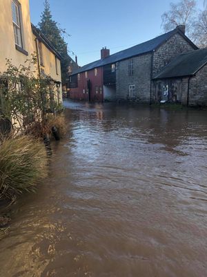 Flooding in Clun as the River Clun burst its banks. Photo by Jack Limond