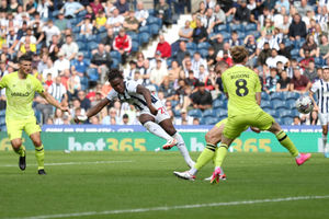 Brandon Thomas-Asante gets an shot off early in the first half (Photo by Adam Fradgley/West Bromwich Albion FC via Getty Images).