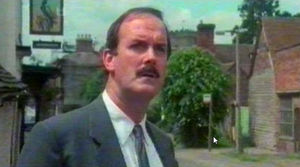 John Cleese outside the Raven Hotel in Much Wenlock in the movie "Clockwise."