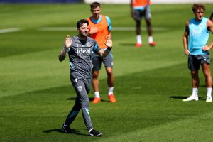 New boss Ryan Mason gets hands on during training at Albion on Monday. (Photo by Adam Fradgley/West Bromwich Albion FC via Getty Images)