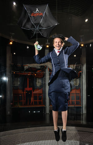 An iFly coach at The Bear Grylls Adventure in Birmingham recreates an iconic Mary Poppins flying scene