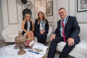The Mayor of Whitchurch with Georgina Hall (L) and Sian Mogg (R) at Clockmakers
