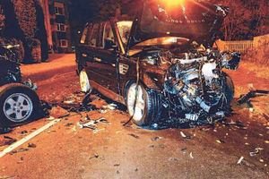 The scene of the crash showing the Jeep Cherokee and Range Rover (left), driven by millionaire's son Antonio Boparan, which left Cerys Edwards paralysed and brain damaged