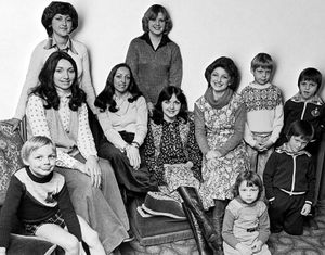 Shrewsbury Town footballers' wives, pictured on March 3, 1979. Picture caption: 'Linked to their husbands, the wives standing are June Griffin and Rita Larkin and sitting, from left to right, Rita Mulhearn, Irene Lindsay, Ann Turner with Jake King's fiancee Linda Lochrie. Young Mark Turner is on the left of the picture, his brother Neil standing next to David Lindsay while Samantha Turner and Colin Lindsay sit on the floor.' 