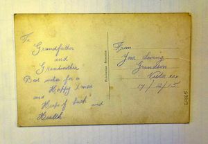 A typical postcard sent at Christmas in 1915 from a loving grandson