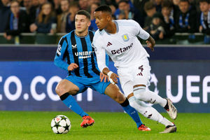Club Brugge's Christos Tzolis and Aston Villa's Ezri Konsa
