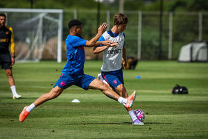 Joao Gomes (L) and Fer Lopes (R) during the Wolverhampton Wanderers Pre-Season Training Session on July 12, 2025 in Loule, Portugal. (Photo by Wolverhampton Wanderers FC/Wolves via Getty Images)