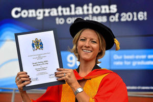 Jacqui Oatley getting her honorary degree from the University of Wolverhampton at the Grand Theatre last month