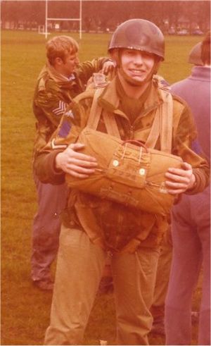 Already for a parachute jump from a balloon on Queens Avenue, Aldershot.